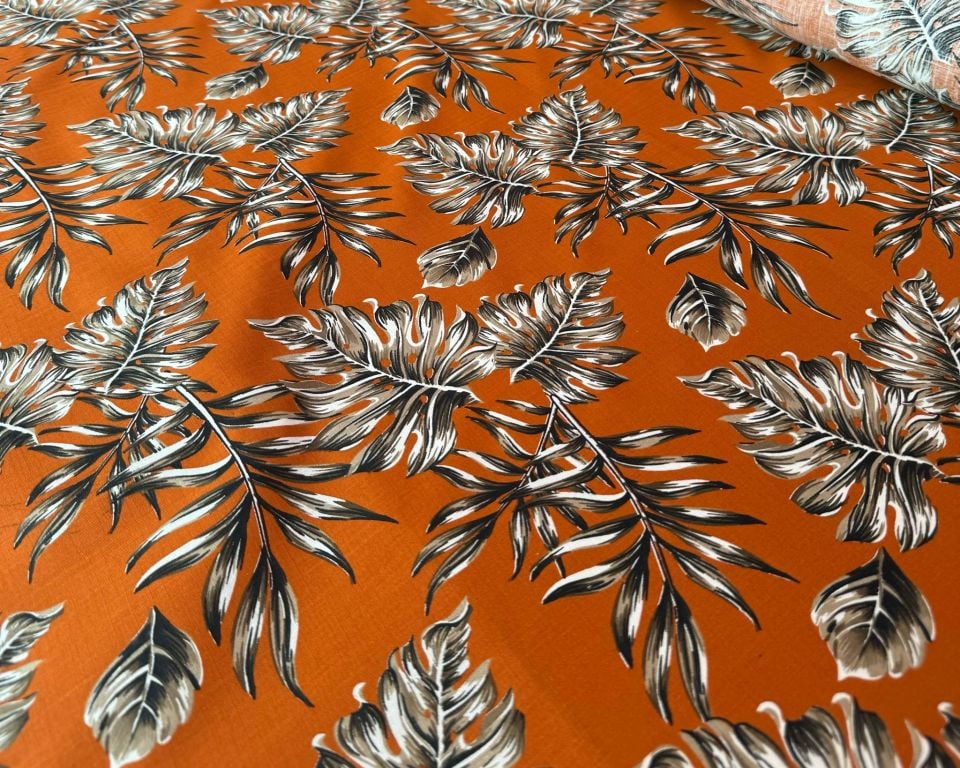 Flam Keten Kumaş %100 Pamuk Yaprak Desen Turuncu