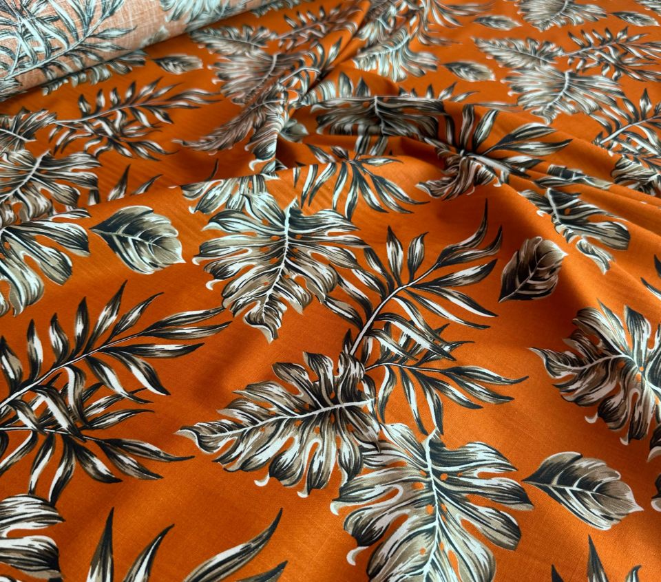 Flam Keten Kumaş %100 Pamuk Yaprak Desen Turuncu