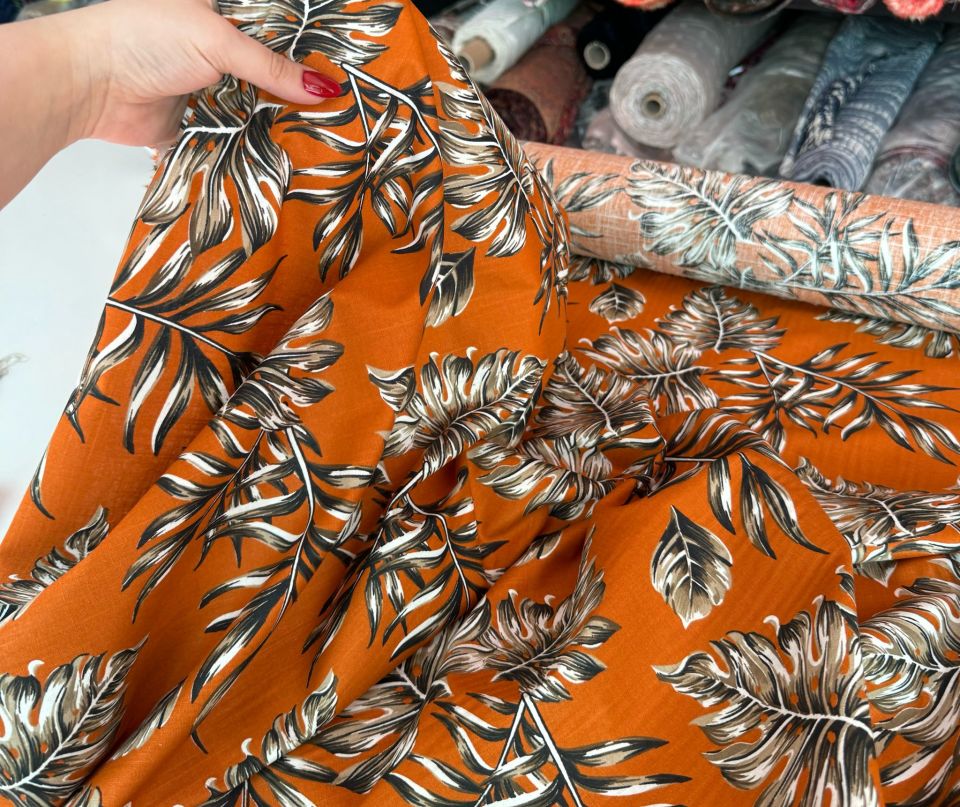 Flam Keten Kumaş %100 Pamuk Yaprak Desen Turuncu