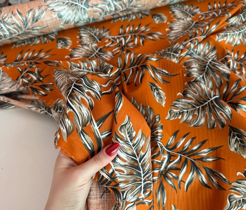 Flam Keten Kumaş %100 Pamuk Yaprak Desen Turuncu