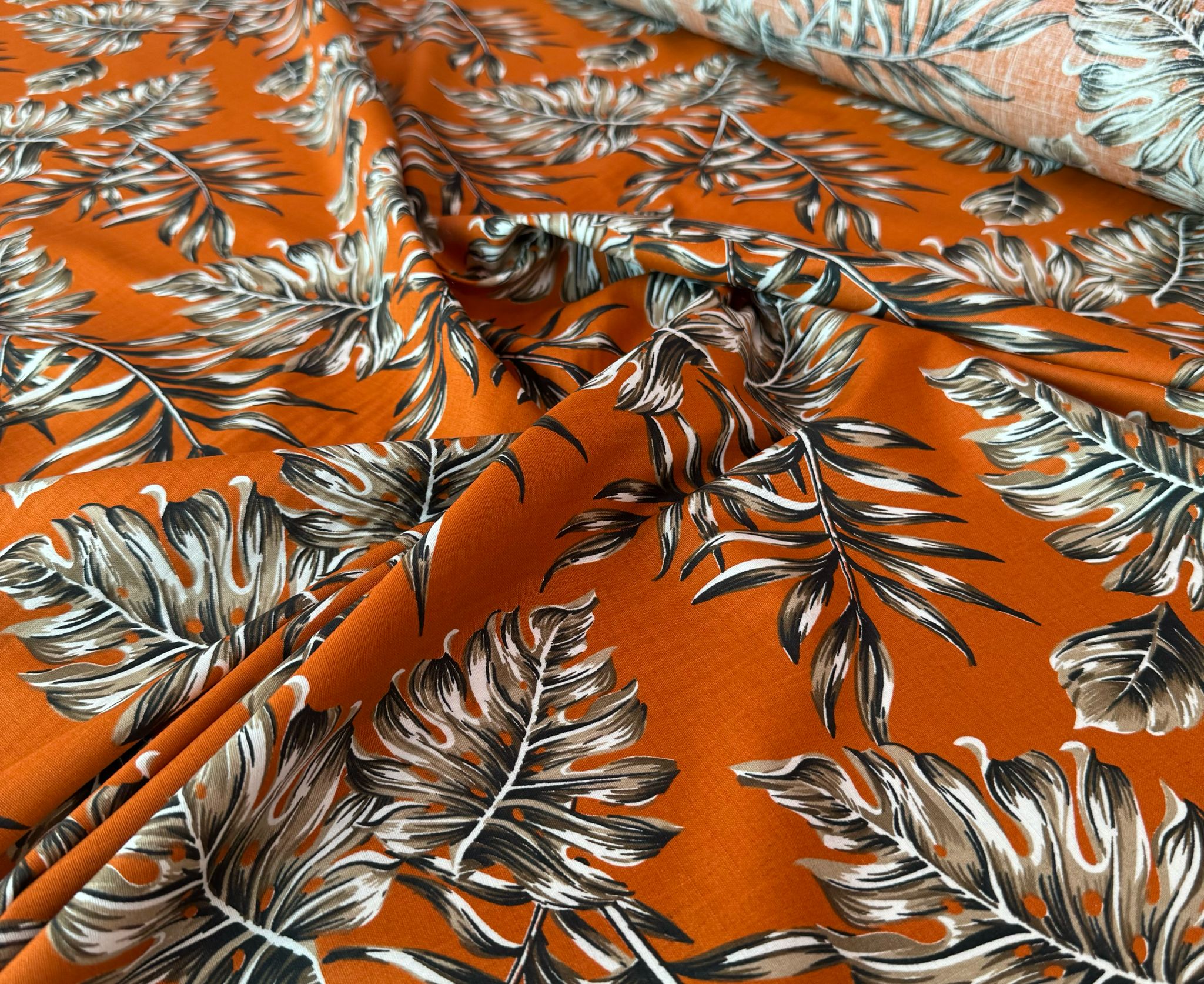 Flam Keten Kumaş %100 Pamuk Yaprak Desen Turuncu