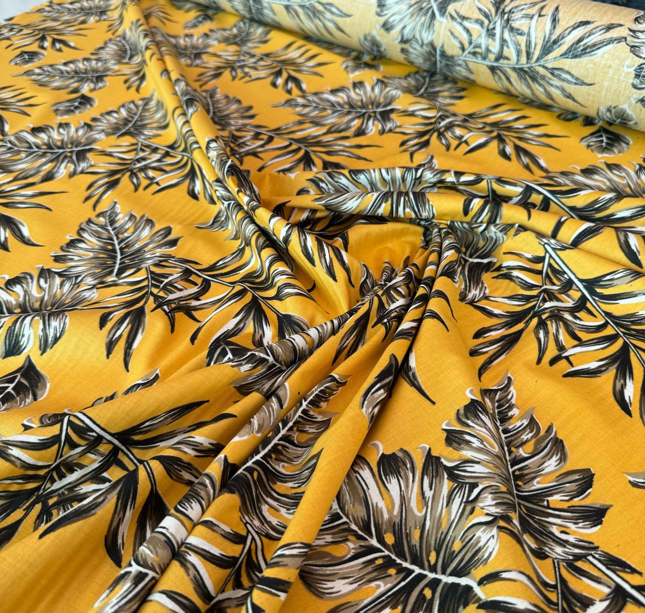 Flam Keten Kumaş %100 Pamuk Sarı Yaprak Desen