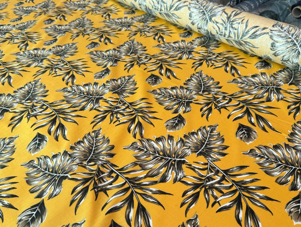 Flam Keten Kumaş %100 Pamuk Sarı Yaprak Desen