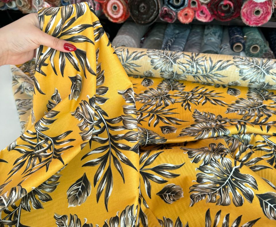 Flam Keten Kumaş %100 Pamuk Sarı Yaprak Desen