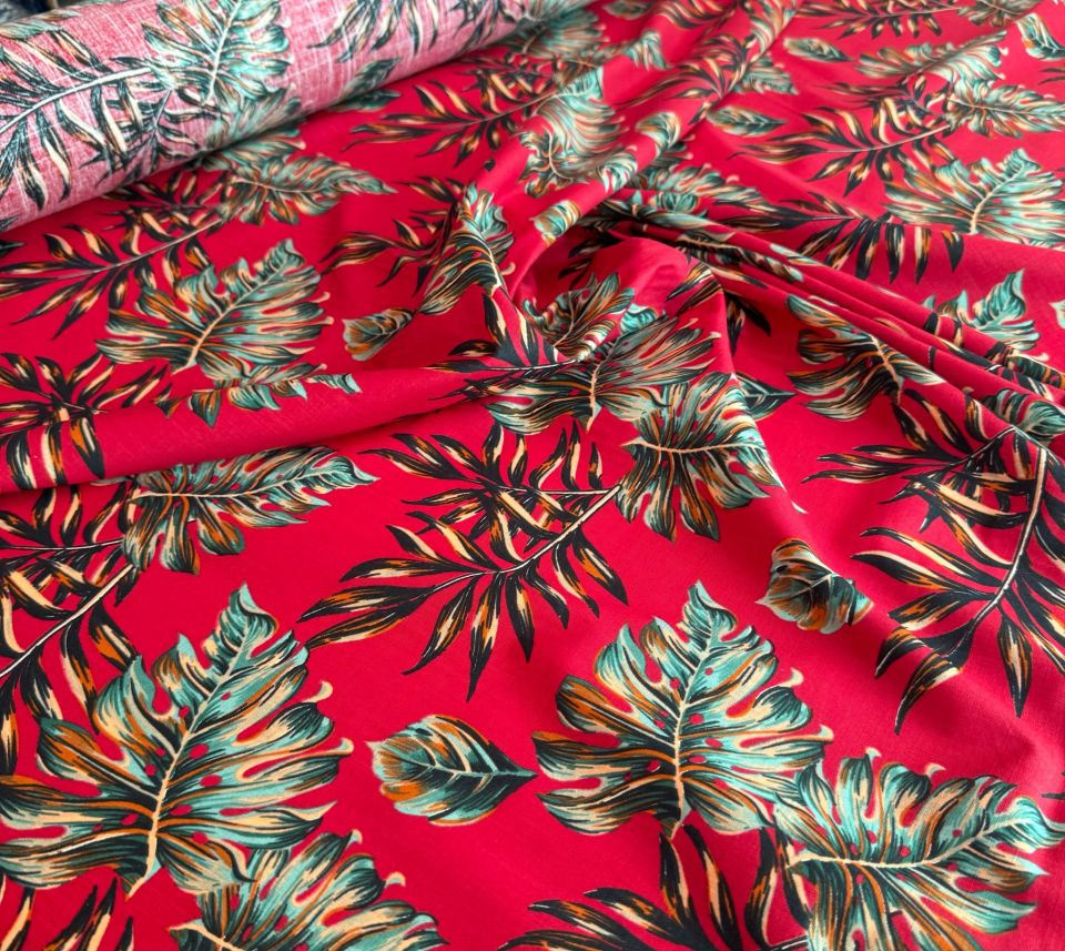 Flam Keten Kumaş %100 Pamuk Kırmızı Yaprak Desen