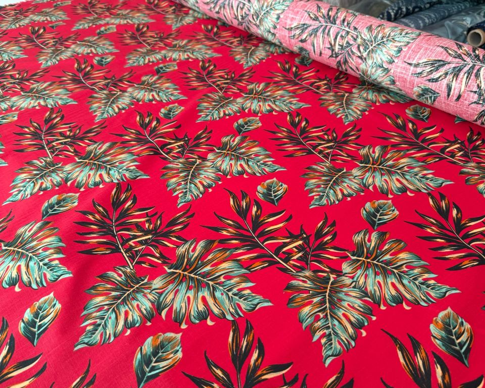 Flam Keten Kumaş %100 Pamuk Kırmızı Yaprak Desen