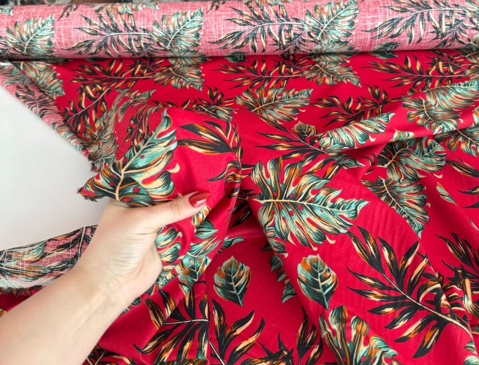 Flam Keten Kumaş %100 Pamuk Kırmızı Yaprak Desen