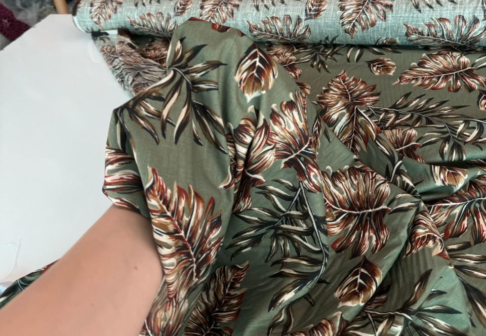 Flam Keten Kumaş %100 Pamuk Yaprak Desen Haki