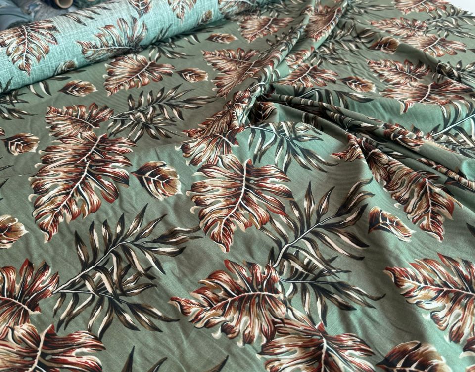 Flam Keten Kumaş %100 Pamuk Yaprak Desen Haki