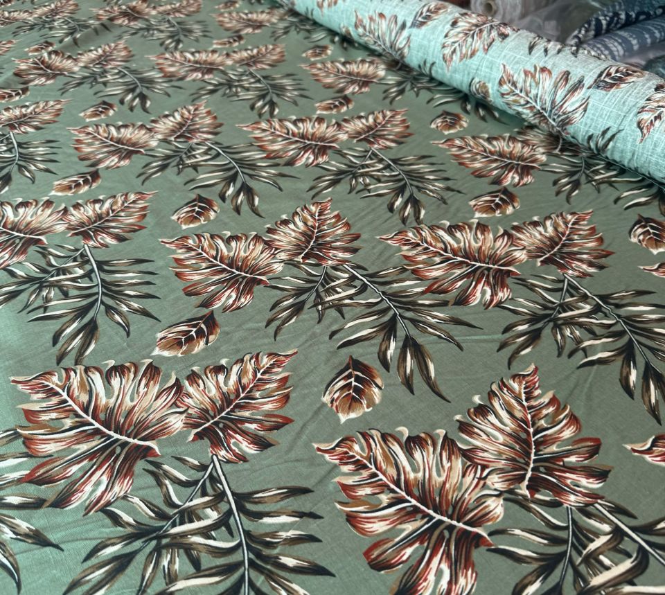 Flam Keten Kumaş %100 Pamuk Yaprak Desen Haki