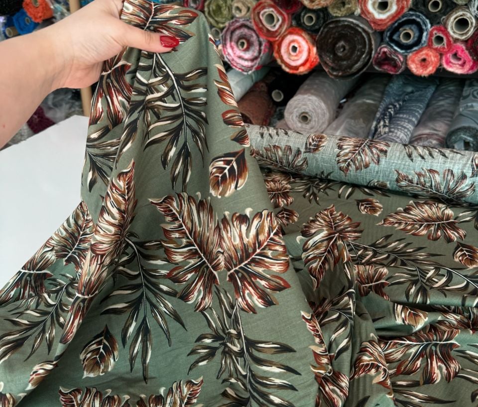 Flam Keten Kumaş %100 Pamuk Yaprak Desen Haki