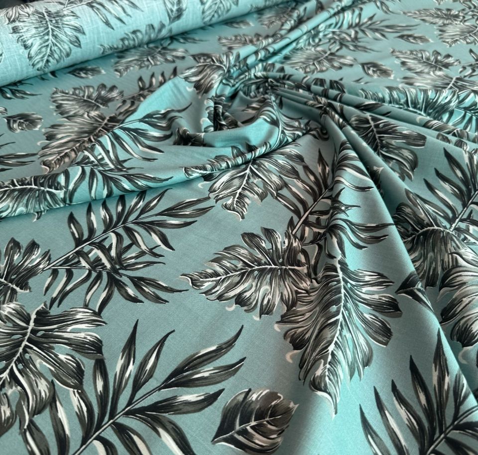 Flam Keten Kumaş %100 Pamuk Yaprak Desen Mint Yeşili