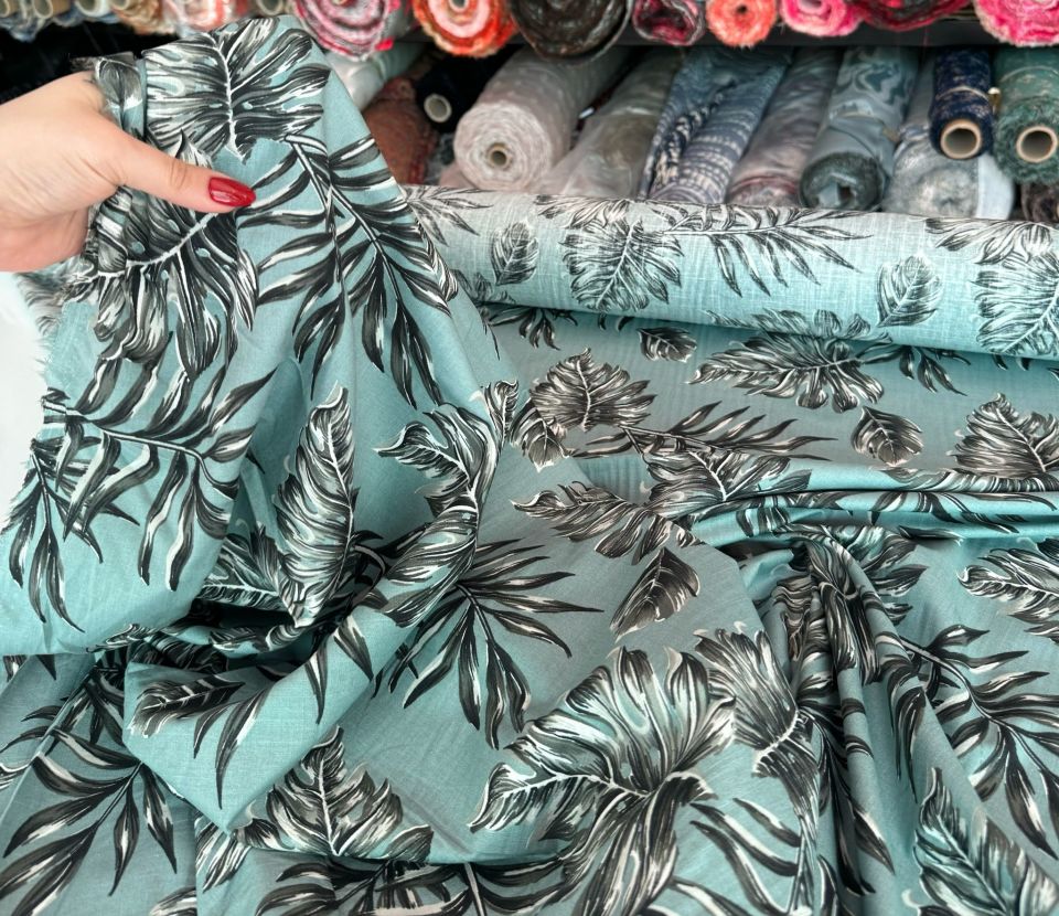 Flam Keten Kumaş %100 Pamuk Yaprak Desen Mint Yeşili