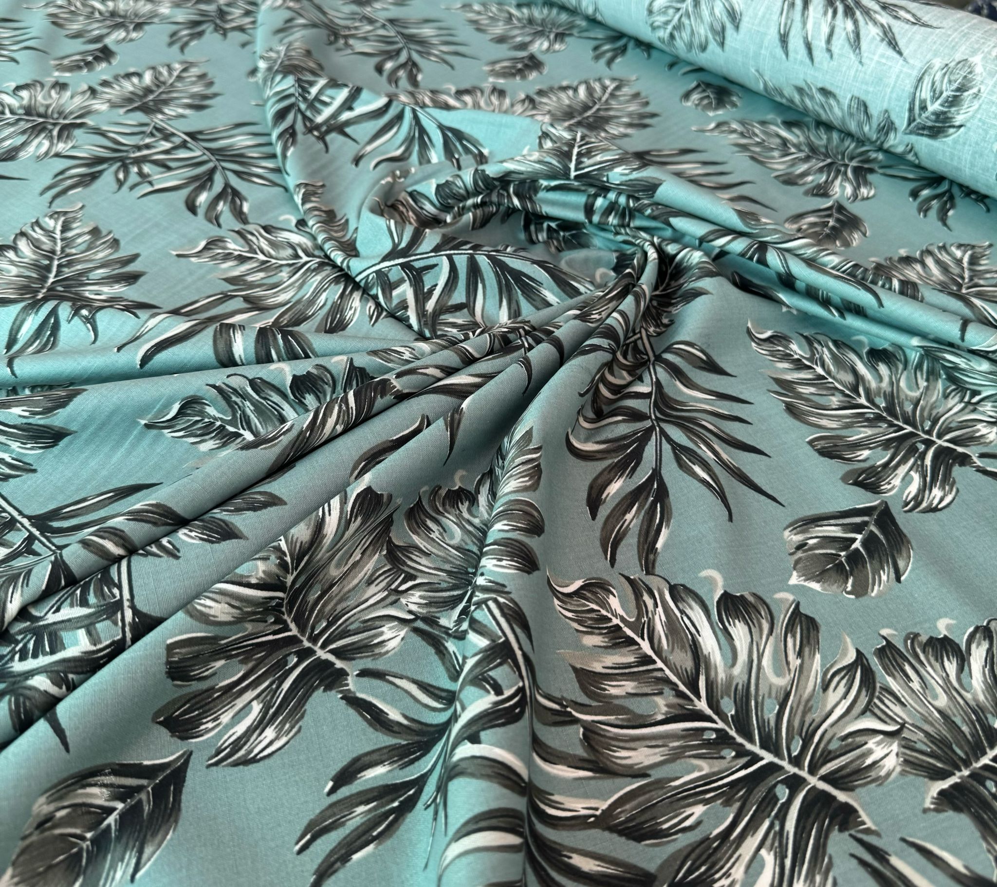 Flam Keten Kumaş %100 Pamuk Yaprak Desen Mint Yeşili