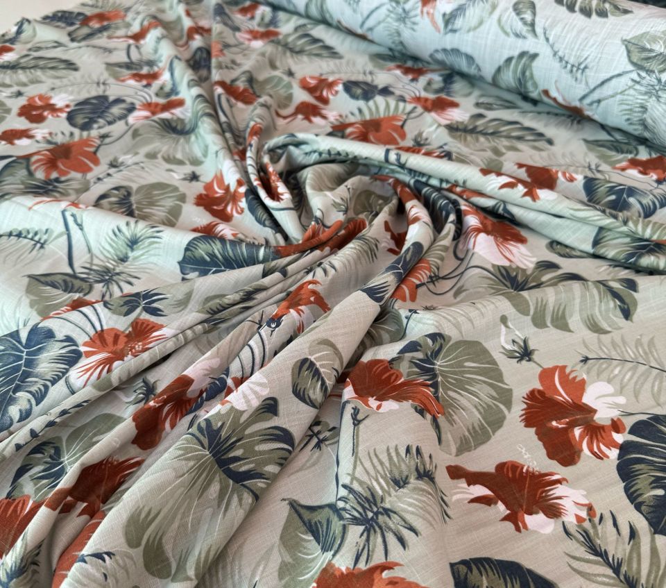 Flam Keten Kumaş %100 Pamuk Yaprak Desen Turuncu Lacivert