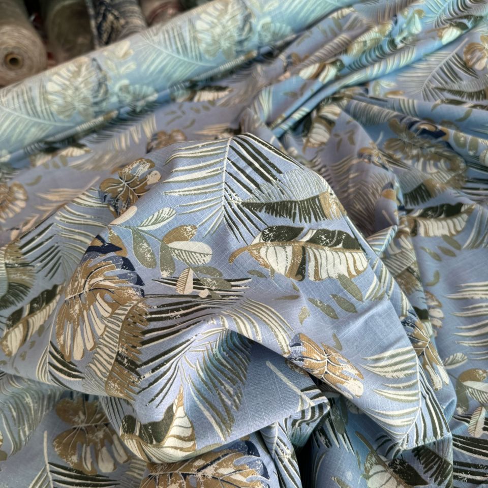 Flam Keten Kumaş %100 Pamuk Yaprak Desen Açık Mavi