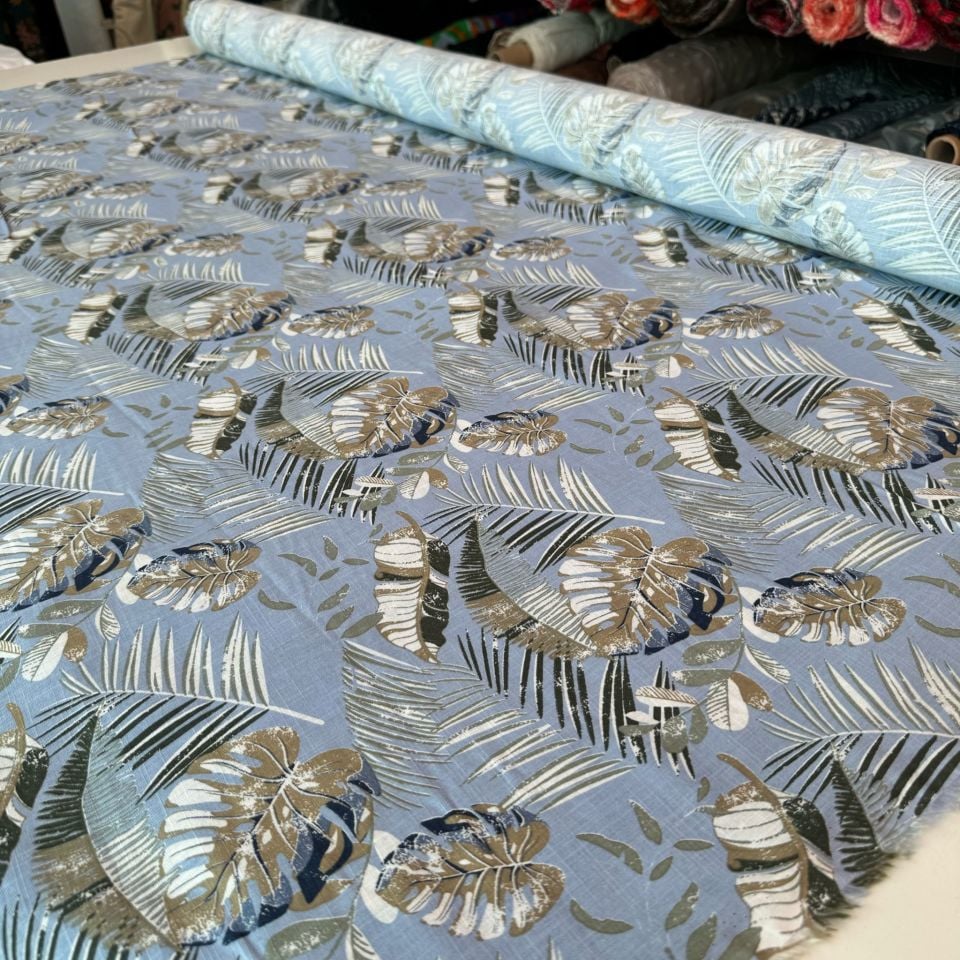 Flam Keten Kumaş %100 Pamuk Yaprak Desen Açık Mavi
