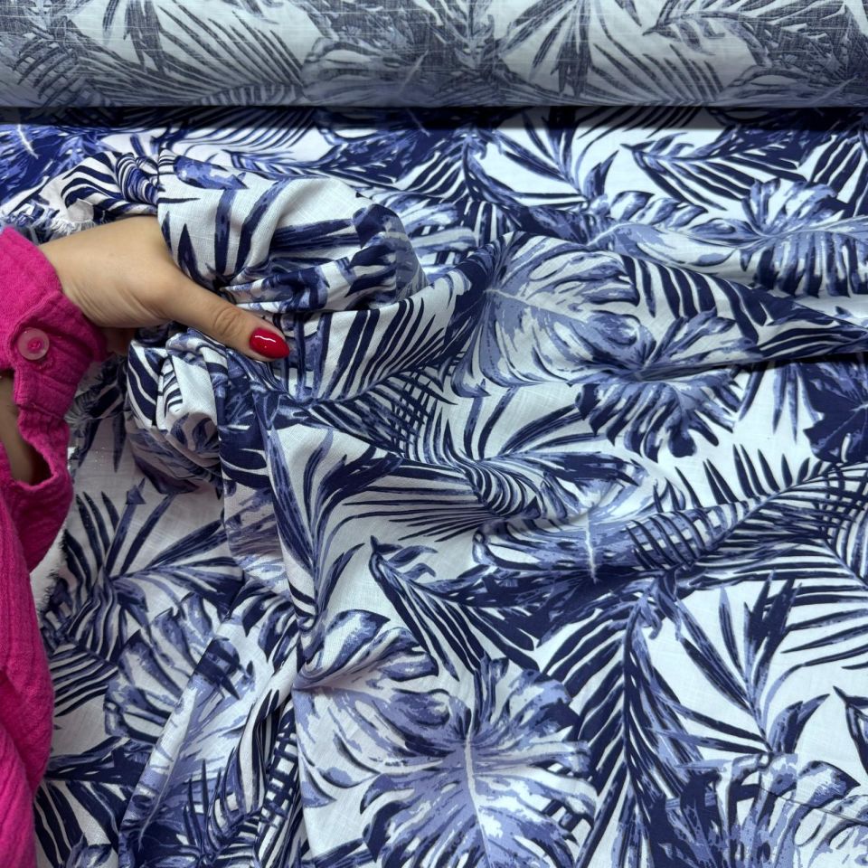 Flam Keten Kumaş %100 Pamuk Yaprak Desen Koyu Mavi