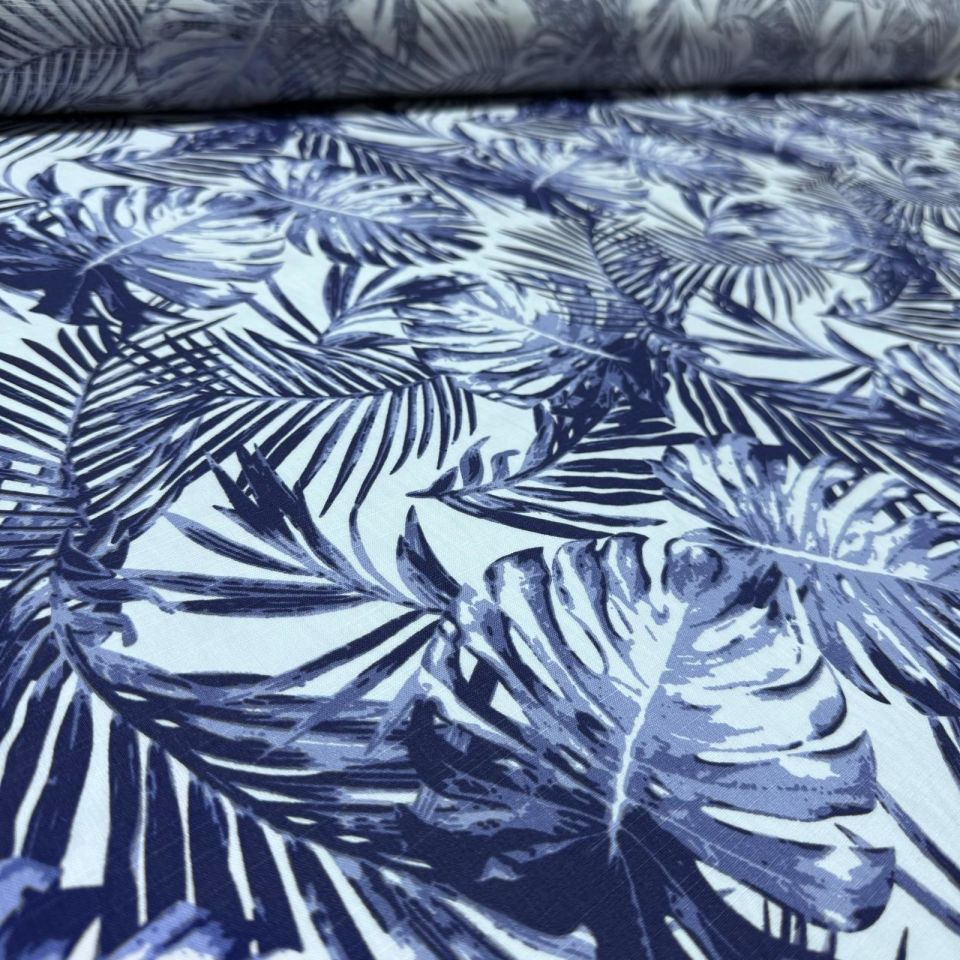 Flam Keten Kumaş %100 Pamuk Yaprak Desen Koyu Mavi