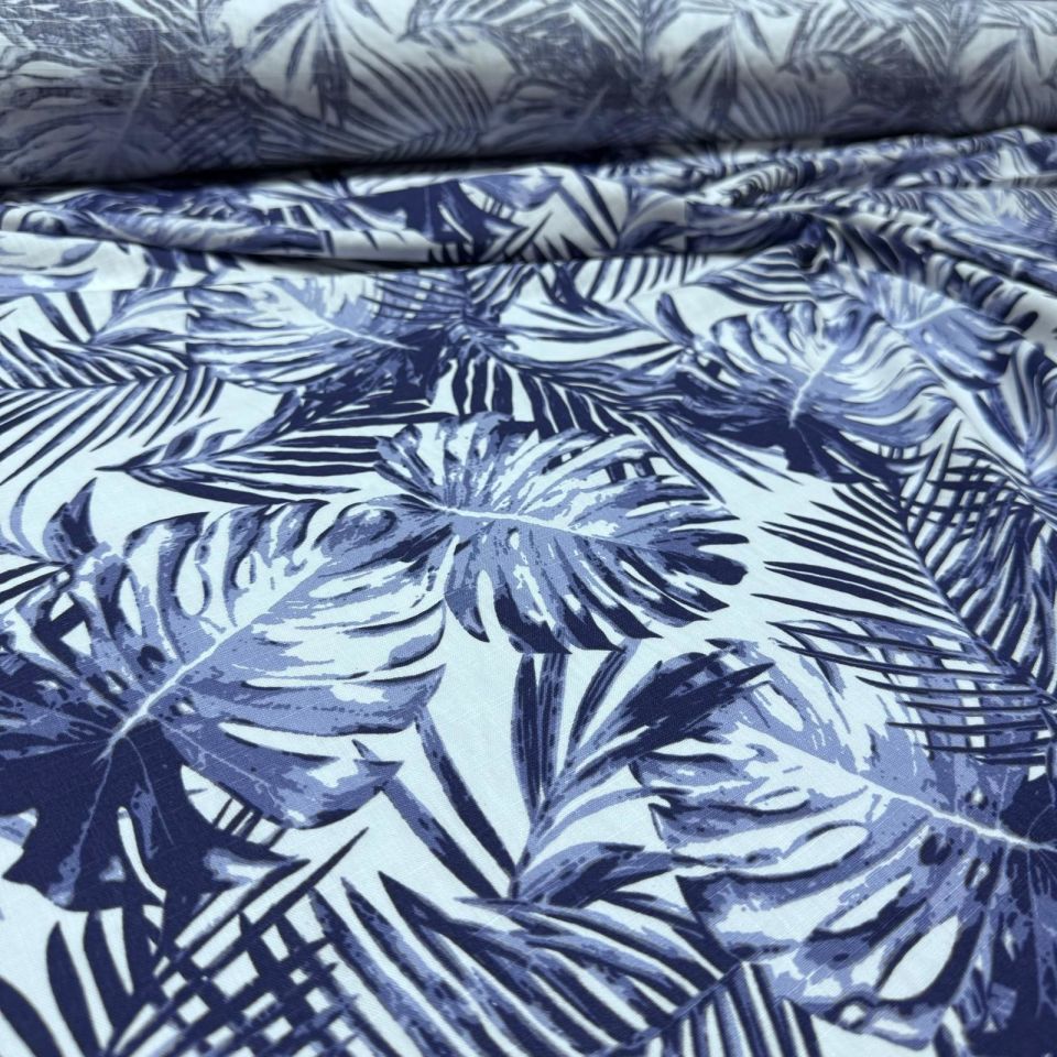 Flam Keten Kumaş %100 Pamuk Yaprak Desen Koyu Mavi