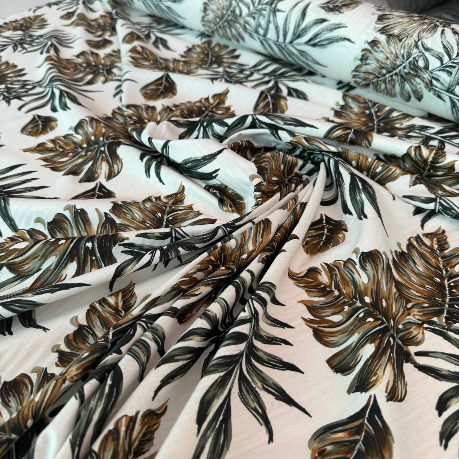 Flam Keten Kumaş %100 Pamuk Yaprak Desen Açık Kahverengi