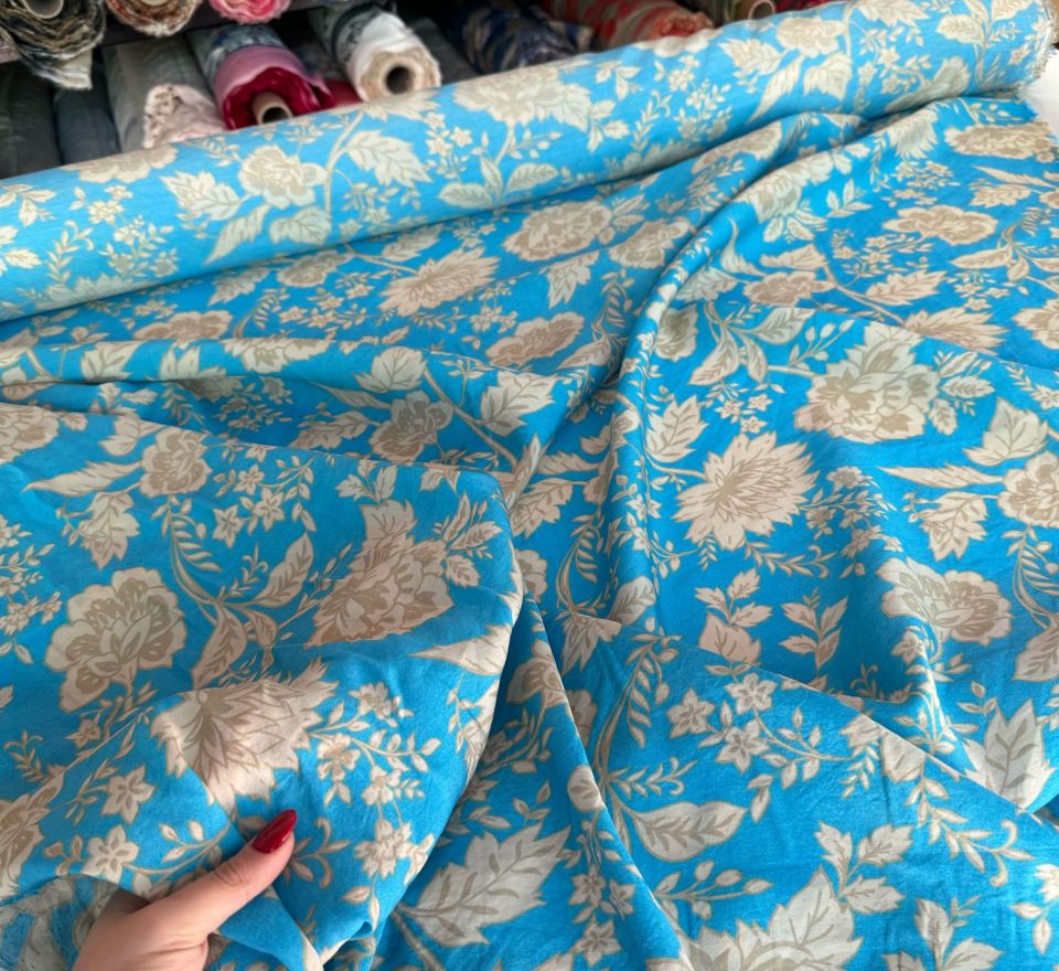 Ayrobin Kumaş (Tensel/Modal Kumaş) Çiçek Desen Açık Mavi