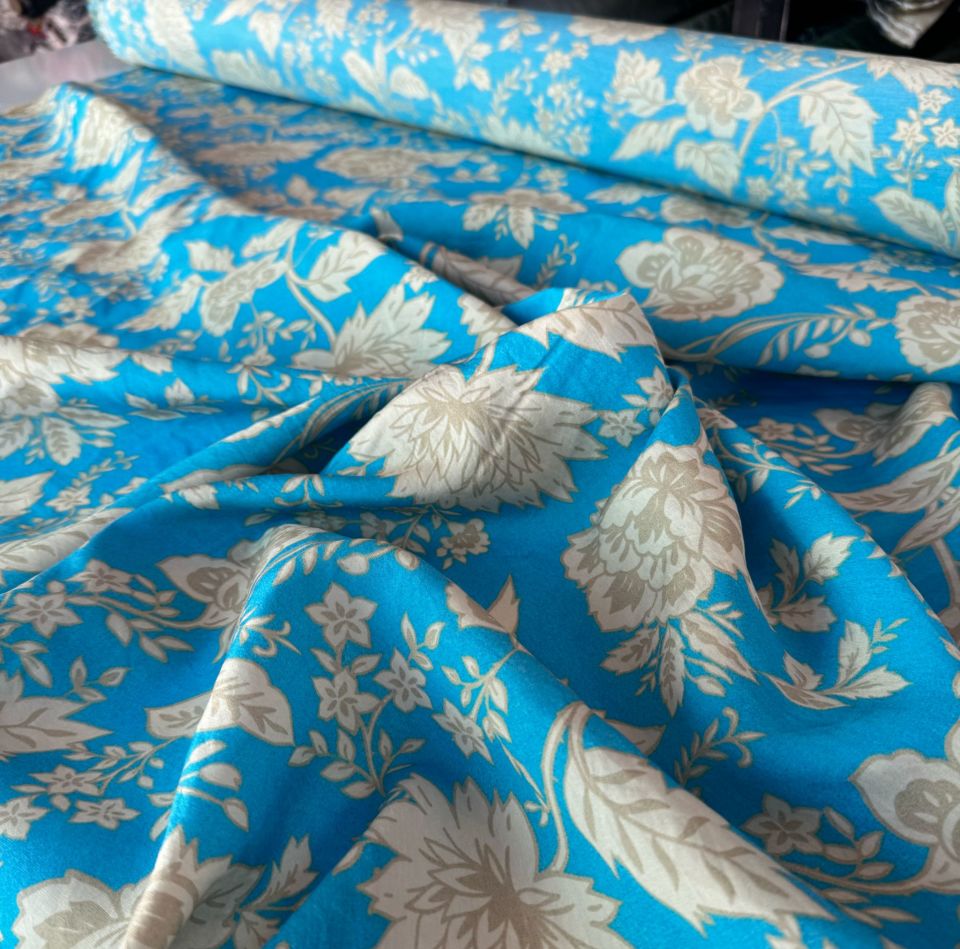 Ayrobin Kumaş (Tensel/Modal Kumaş) Çiçek Desen Açık Mavi