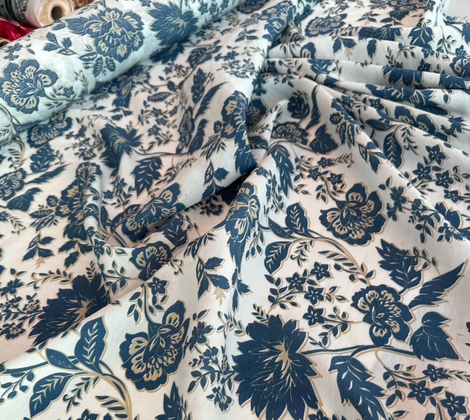 Ayrobin Kumaş (Tensel/Modal Kumaş) Çiçek Desen Mavi