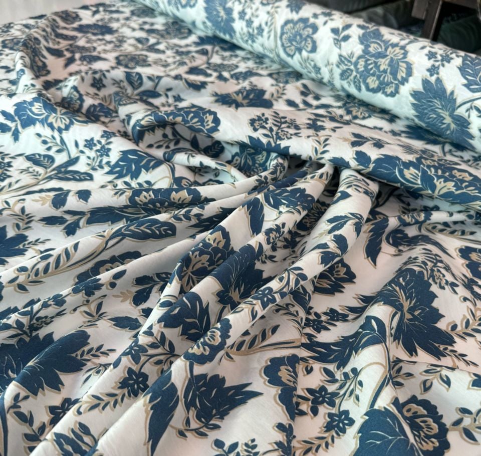 Ayrobin Kumaş (Tensel/Modal Kumaş) Çiçek Desen Mavi