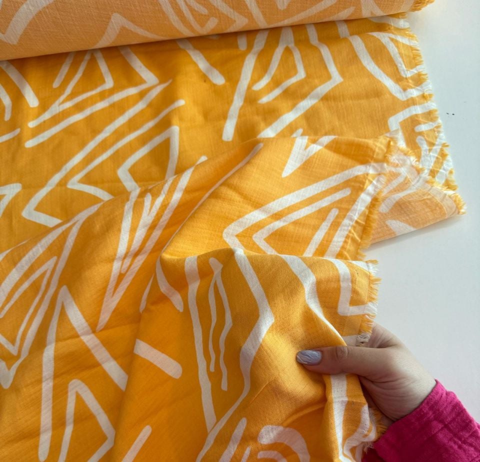 Organik Çift Kat Müslin Kumaş Geometrik Desenli Turuncu