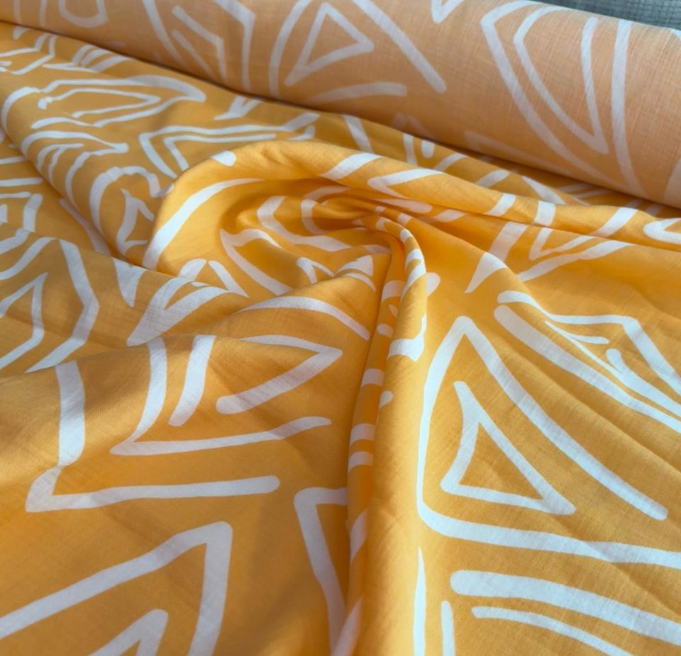 Organik Çift Kat Müslin Kumaş Geometrik Desenli Turuncu