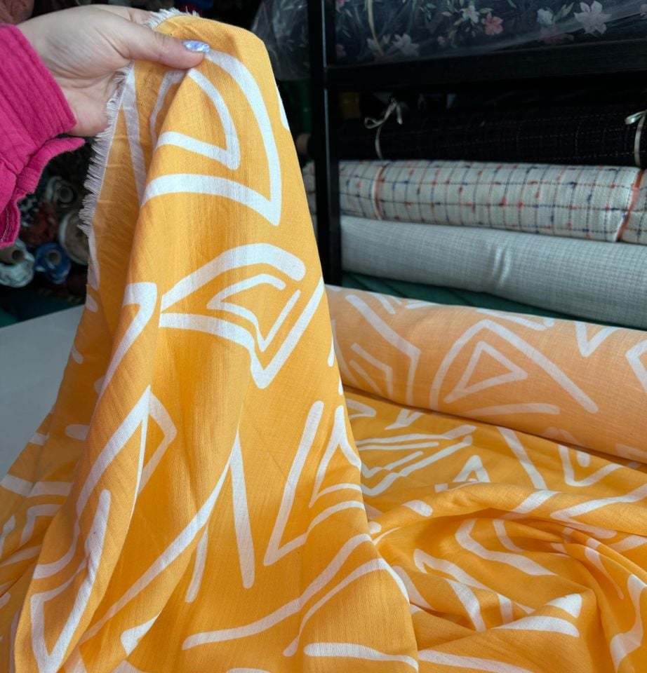 Organik Çift Kat Müslin Kumaş Geometrik Desenli Turuncu