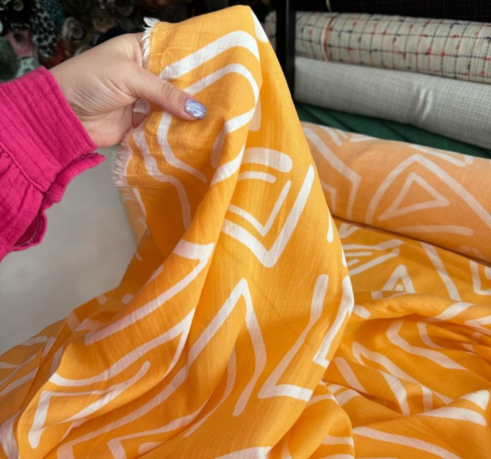 Organik Çift Kat Müslin Kumaş Geometrik Desenli Turuncu