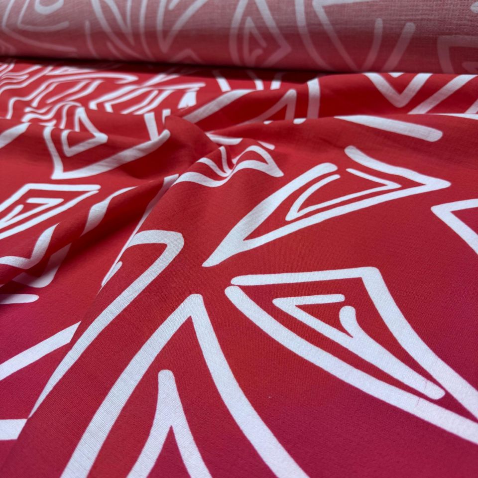 Organik Çift Kat Müslin Kumaş Geometrik Desenli Kırmızı