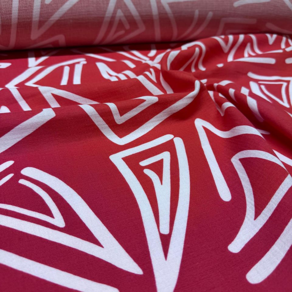 Organik Çift Kat Müslin Kumaş Geometrik Desenli Kırmızı