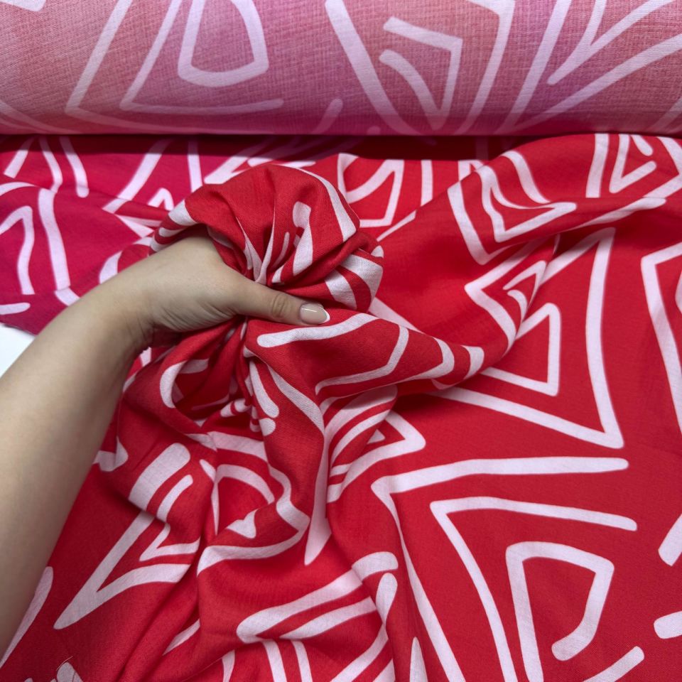 Organik Çift Kat Müslin Kumaş Geometrik Desenli Kırmızı