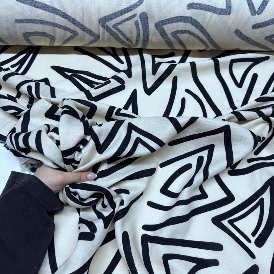 Organik Çift Kat Müslin Kumaş Geometrik Desenli Krem