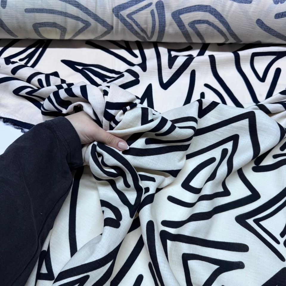 Organik Çift Kat Müslin Kumaş Geometrik Desenli Krem