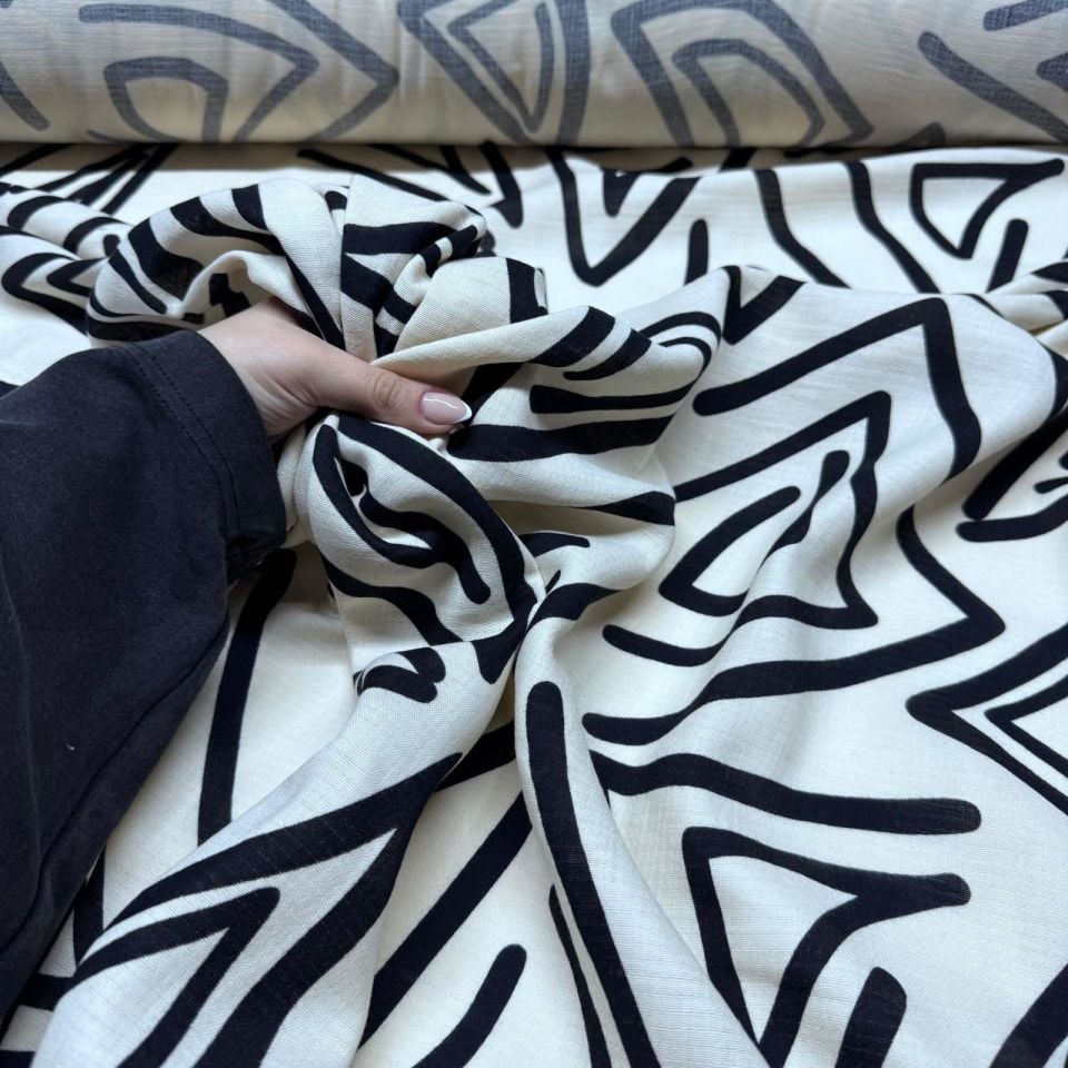 Organik Çift Kat Müslin Kumaş Geometrik Desenli Krem