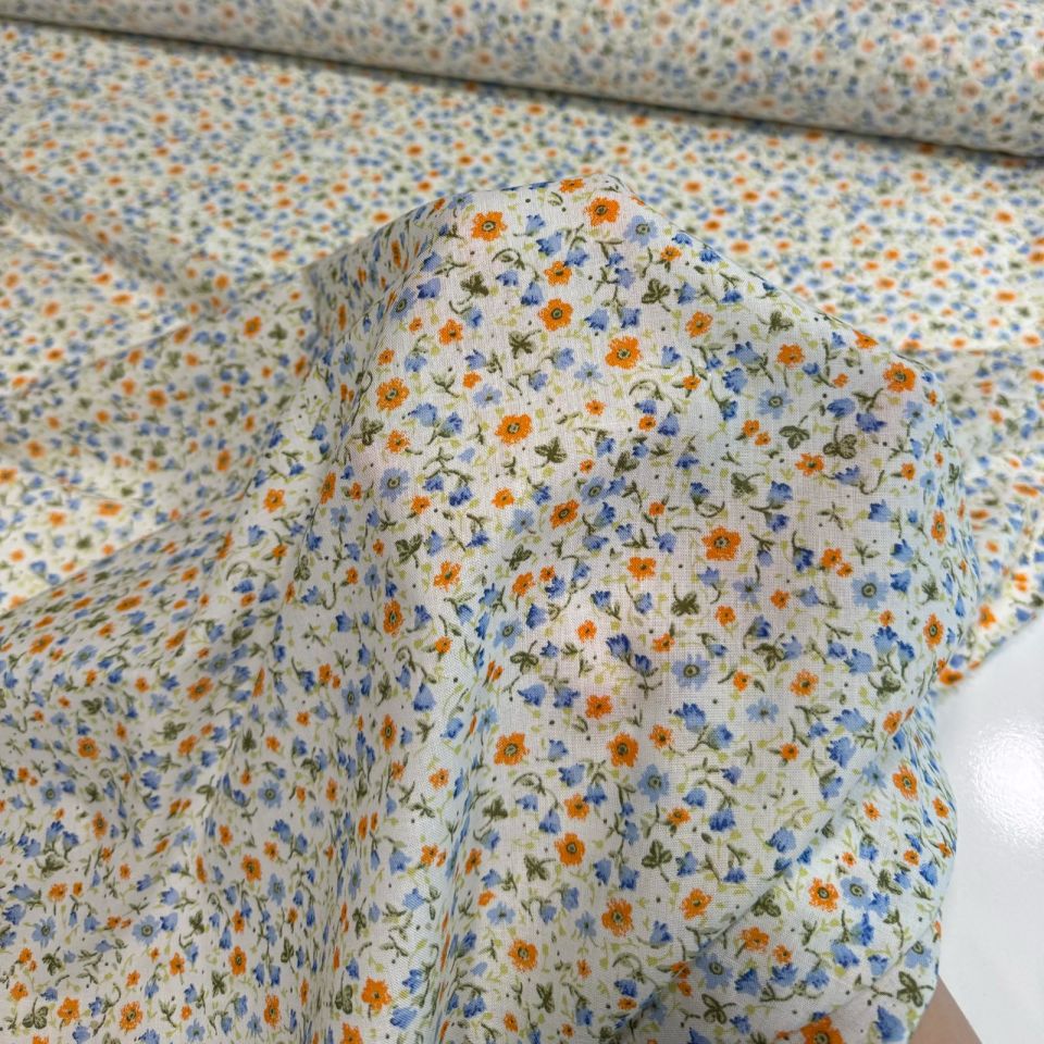 Vual Kumaş Emprime Küçük Çiçekler Turuncu Mavi