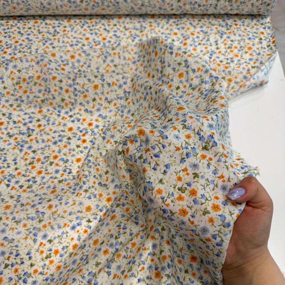 Vual Kumaş Emprime Küçük Çiçekler Turuncu Mavi