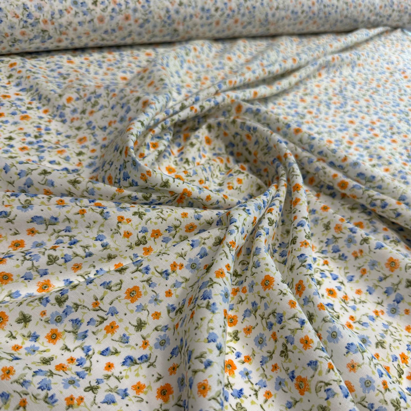 Vual Kumaş Emprime Küçük Çiçekler Turuncu Mavi