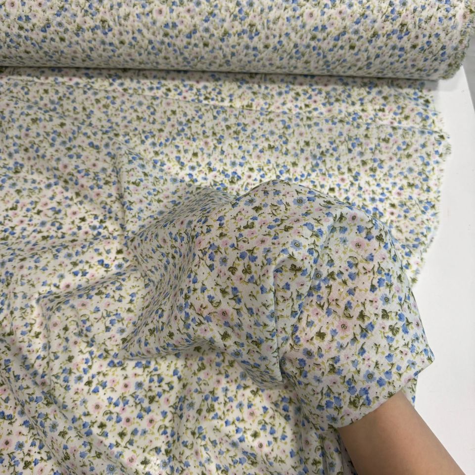 Vual Kumaş Emprime Küçük Çiçek Desen Mavi Pembe