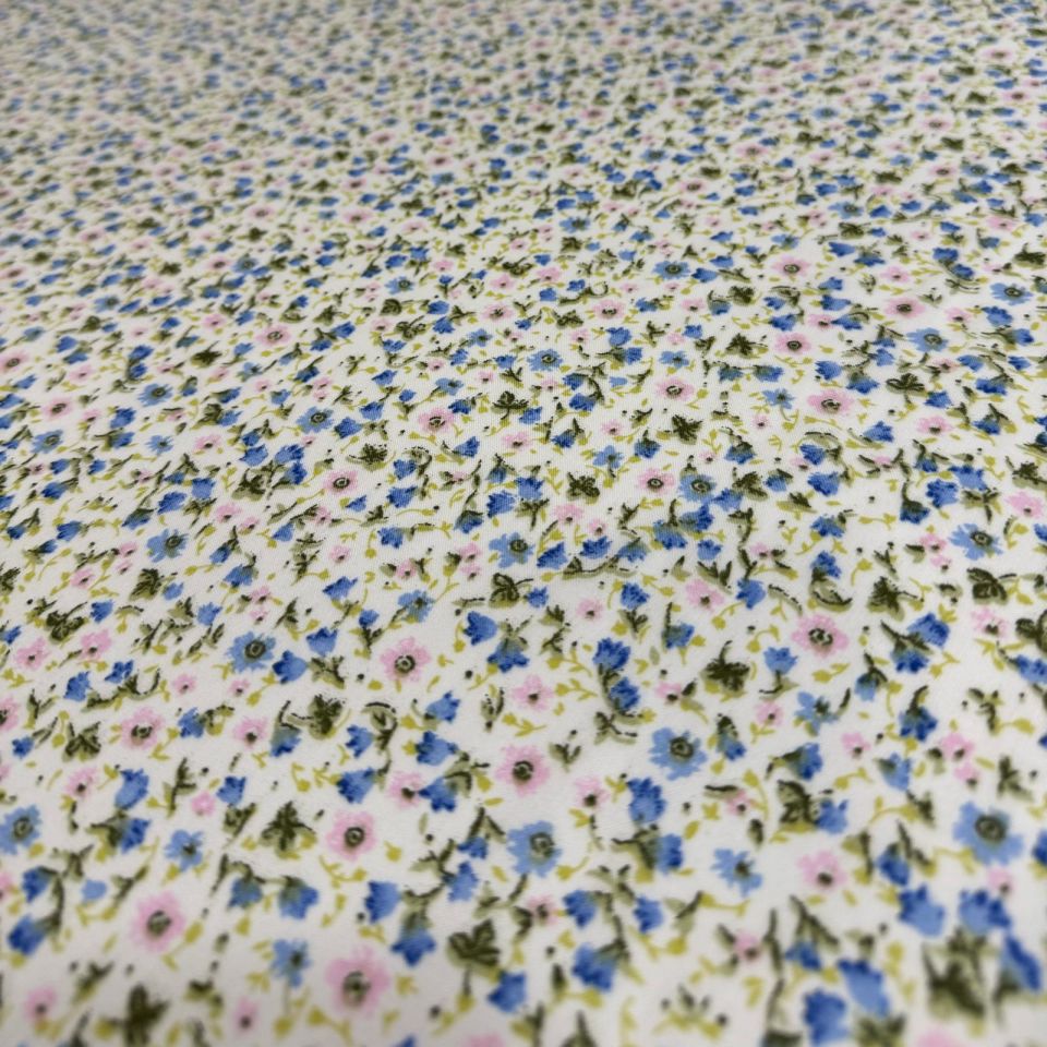 Vual Kumaş Emprime Küçük Çiçek Desen Mavi Pembe