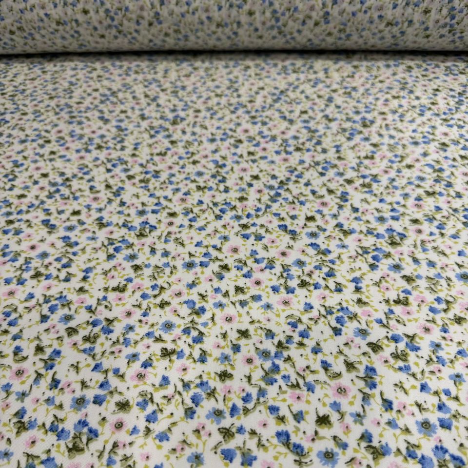 Vual Kumaş Emprime Küçük Çiçek Desen Mavi Pembe