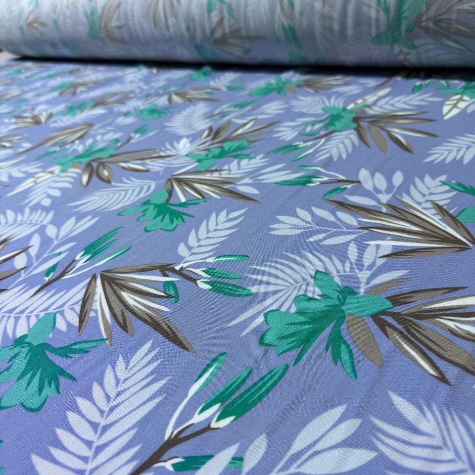 Viskon Kumaş Bebe Mavi Yaprak Çiçek Desenli %100 Pamuk