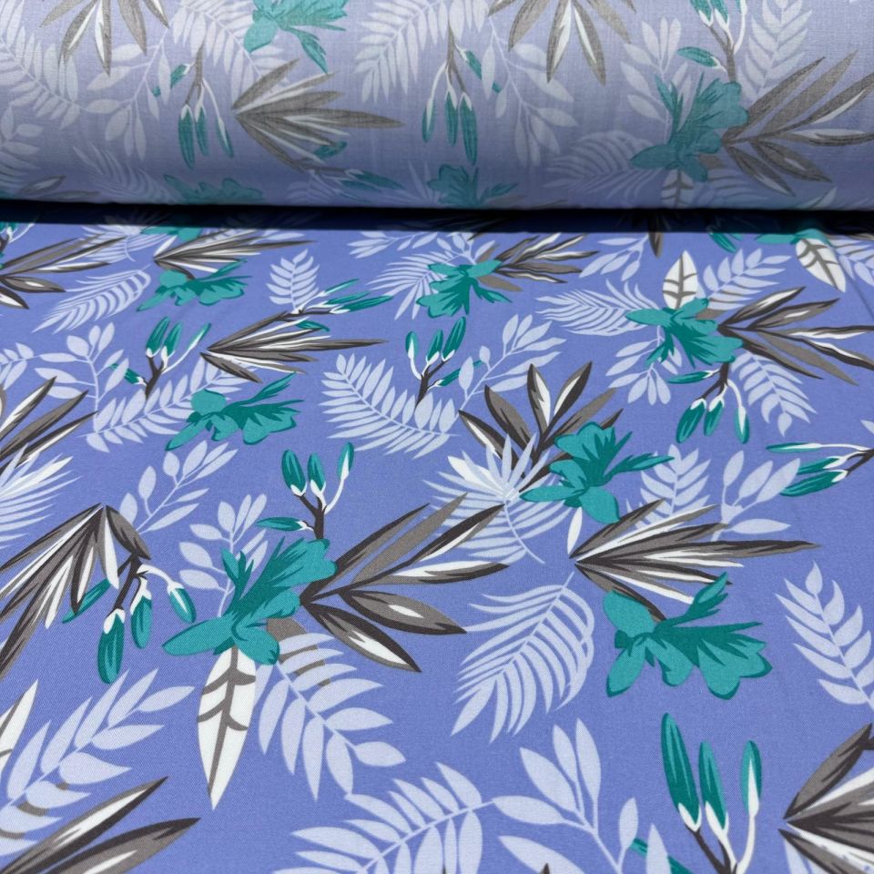 Viskon Kumaş Bebe Mavi Yaprak Çiçek Desenli %100 Pamuk