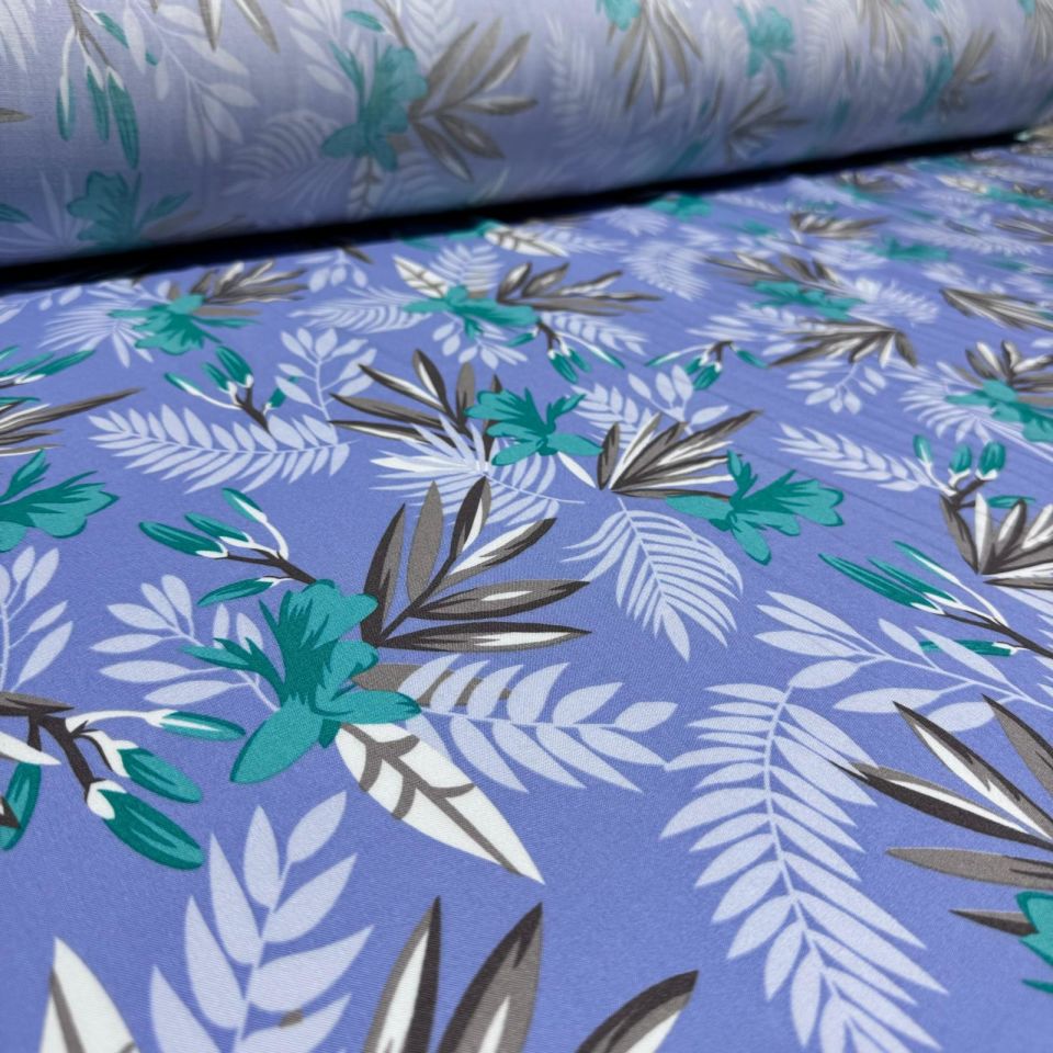 Viskon Kumaş Bebe Mavi Yaprak Çiçek Desenli %100 Pamuk