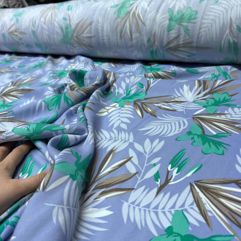 Viskon Kumaş Bebe Mavi Yaprak Çiçek Desenli %100 Pamuk