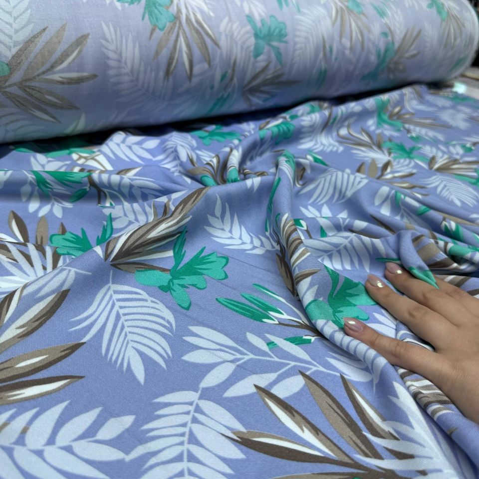 Viskon Kumaş Bebe Mavi Yaprak Çiçek Desenli %100 Pamuk